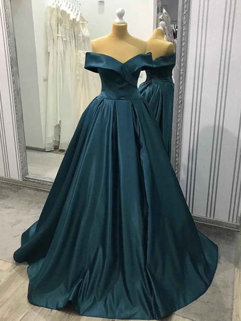 Blue-Green Off The Shoulder Satin Long Prom Gown, Off Shoulder Blue-Gr morievent Blue-Green Off The Shoulder Satin Long Prom Gown, Off Shoulder Blue-Gr morievent