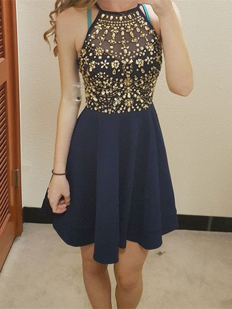 Custom Made Round Neck Short Navy Blue Prom Dresses, Navy Blue Graduat morievent Custom Made Round Neck Short Navy Blue Prom Dresses, Navy Blue Graduat morievent