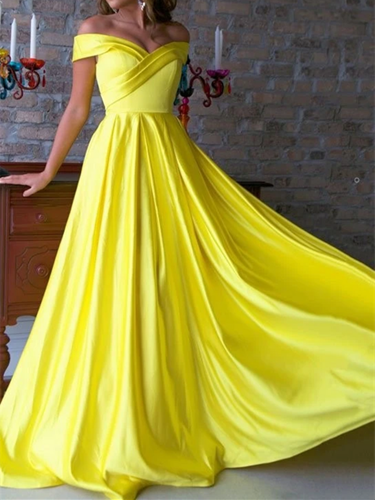 Pleated Spring Yellow Satin Off Shoulder Long Prom Dresses Off