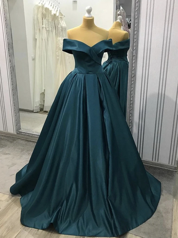 Blue-Green Off The Shoulder Satin Long Prom Gown, Off Shoulder Blue-Green Formal Evening Dresses