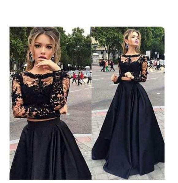 Custom Made Round Neck Long Sleeves 2 Pieces Black Lace Prom Dresses, Black Lace Formal Dresses