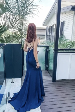 Mermaid V Neck Blue Long Prom Dresses, Mermaid V Neck Blue Long Satin Formal Evening Dresses