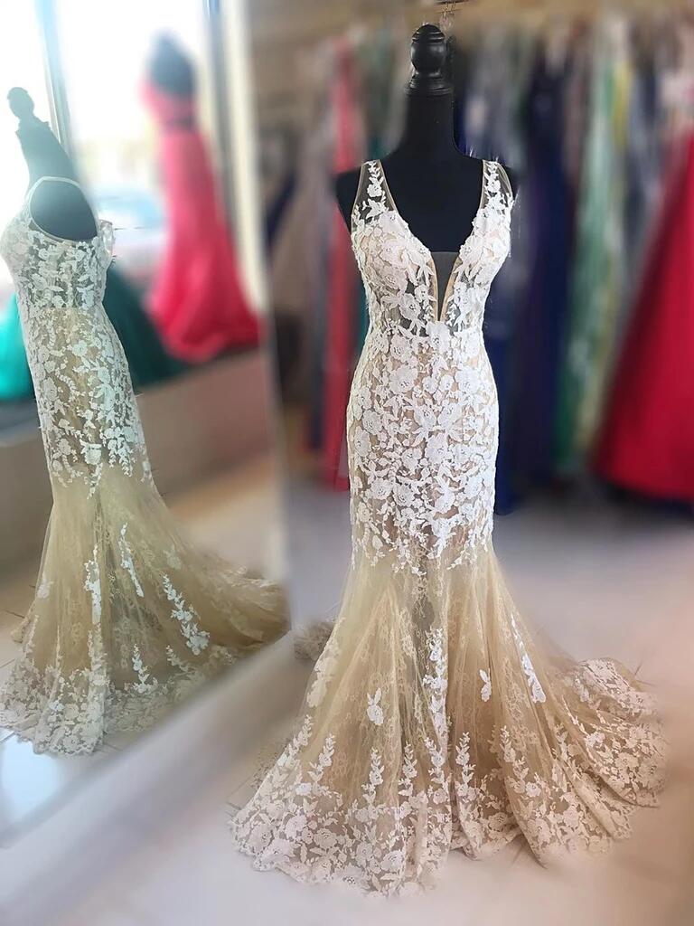 V Neck Mermaid Champagne Lace Long Prom Dresses, Lace Mermaid Champagne Formal  Evening Dresses