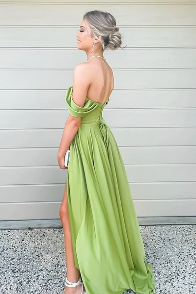 A Line Off Shoulder Green Satin Long Prom Evening Dresses, Green Formal Graduation Dresses