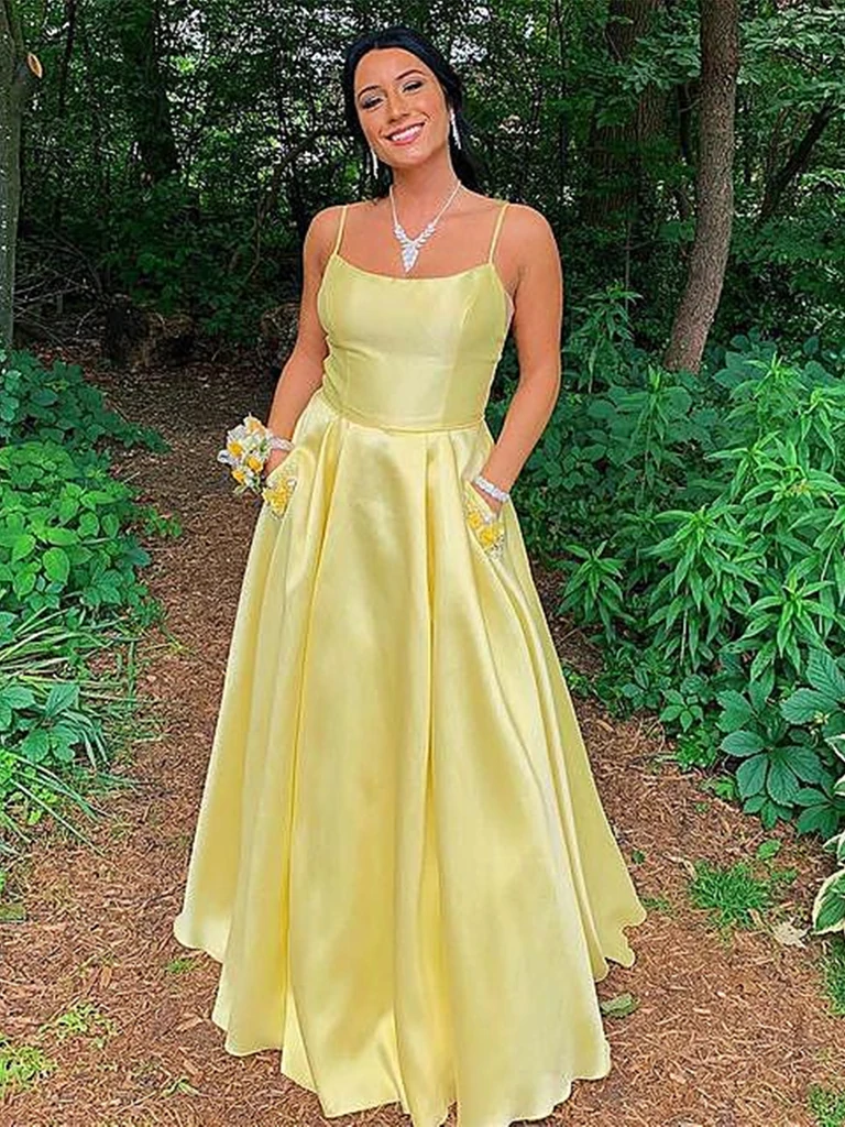 Simple Open Back Yellow Satin Long Prom Dresses with Pocket, Thin Stra morievent Simple Open Back Yellow Satin Long Prom Dresses with Pocket, Thin Stra morievent