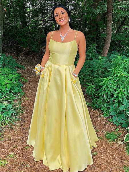 Simple Open Back Yellow Satin Long Prom Dresses with Pocket, Thin Straps Yellow Formal Graduation Evening Dresses