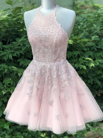 A Line Halter Neck Pink Lace Short Prom Dresses, Halter Neck Short Pink Lace Graduation Homecoming Dresses