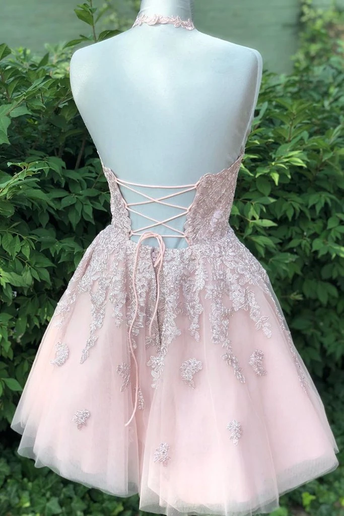 A Line Halter Neck Pink Lace Short Prom Dresses, Halter Neck Short Pin morievent A Line Halter Neck Pink Lace Short Prom Dresses, Halter Neck Short Pin morievent