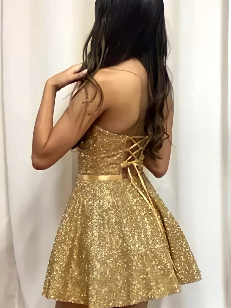 Strapless Open Back Golden Short Prom Homecoming Dresses Short