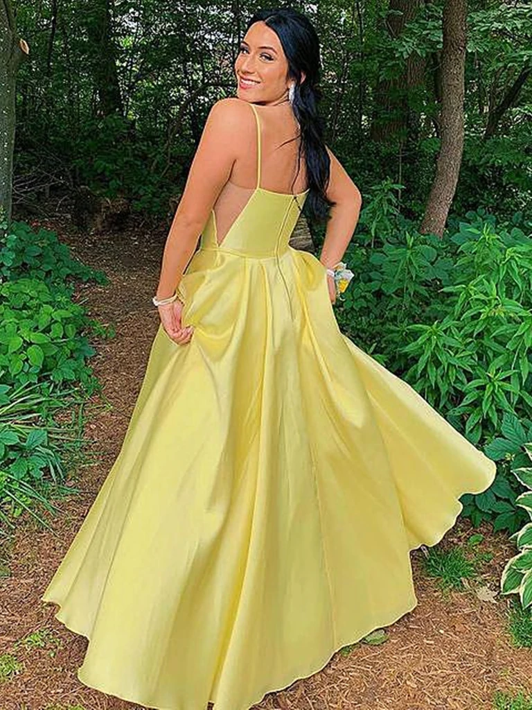 open back yellow dress Simple Open Back Yellow Satin Long Prom Dresses with Pocket, Thin Stra – morievent