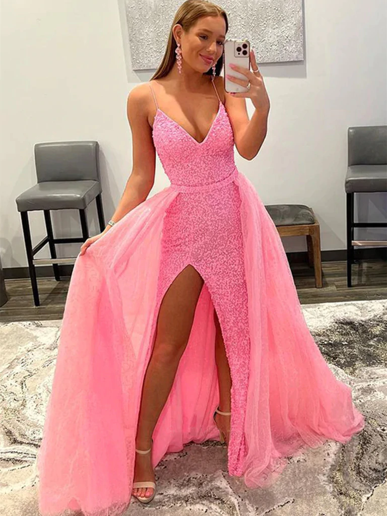 Shiny Pink Sequins V Neck Mermaid Long Prom Dresses with High Slit, Me morievent Shiny Pink Sequins V Neck Mermaid Long Prom Dresses with High Slit, Me morievent