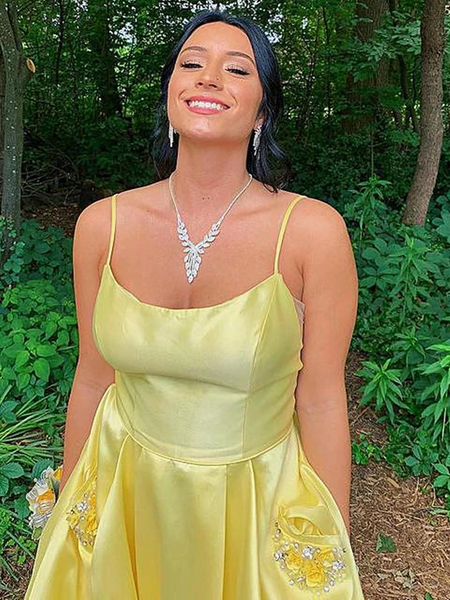 Simple Open Back Yellow Satin Long Prom Dresses with Pocket, Thin Straps Yellow Formal Graduation Evening Dresses