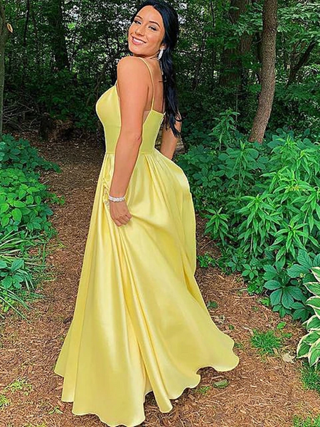 Simple Open Back Yellow Satin Long Prom Dresses with Pocket, Thin Straps Yellow Formal Graduation Evening Dresses