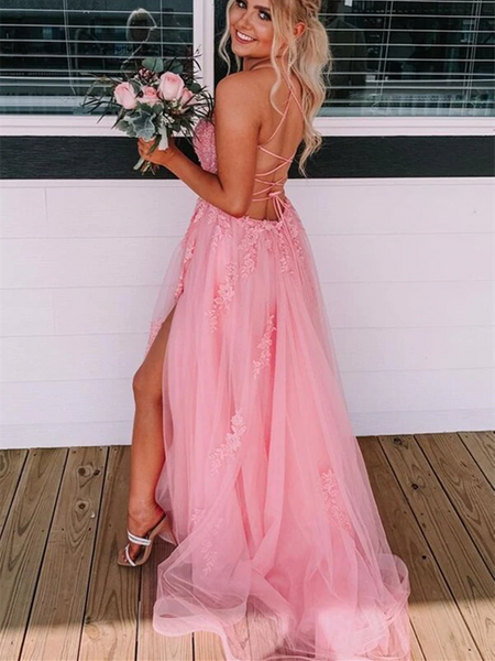 Backless Pink Lace Appliqued Long Prom Dress with High Slit, Pink Lace Formal Graduation Evening Dress