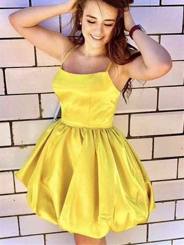 A Line Yellow Satin Short Prom Dresses, A Line Yellow Satin Short Formal Evening Homecoming Dresses
