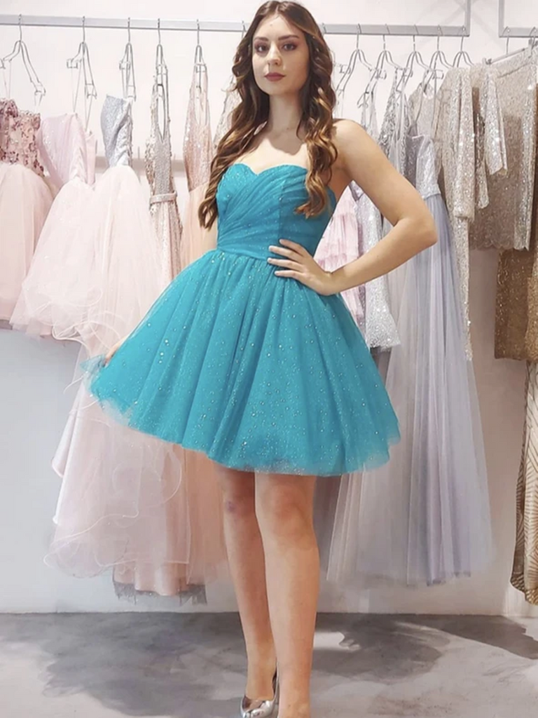 A Line Blue Tulle Short Sweetheart Neck Prom Dresses, Sweetheart Neck Blue Tulle Short Formal Evening Homecoming Dresses