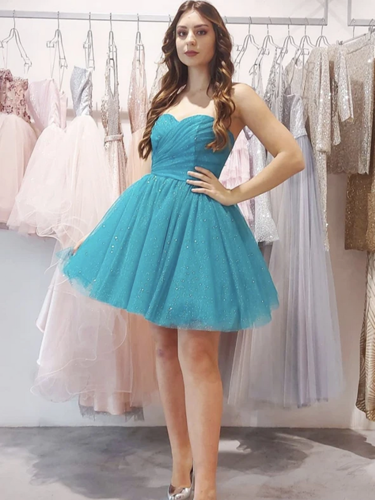 sweetheart neckline homecoming dresses A-Line Navy Blue Ruffle Tiered Tulle Short your best CHOICE MACloth Strapless Sweetheart Mini Prom