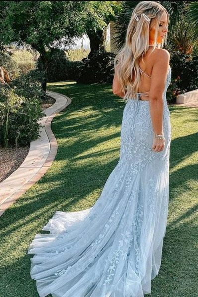 Unique Backless Mermaid Blue Spaghetti Straps Lace Prom Dress with Appliques, Mermaid Blue Lace Formal Evening Dress