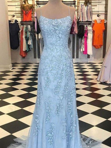 Unique Backless Mermaid Blue Spaghetti Straps Lace Prom Dress with Appliques, Mermaid Blue Lace Formal Evening Dress