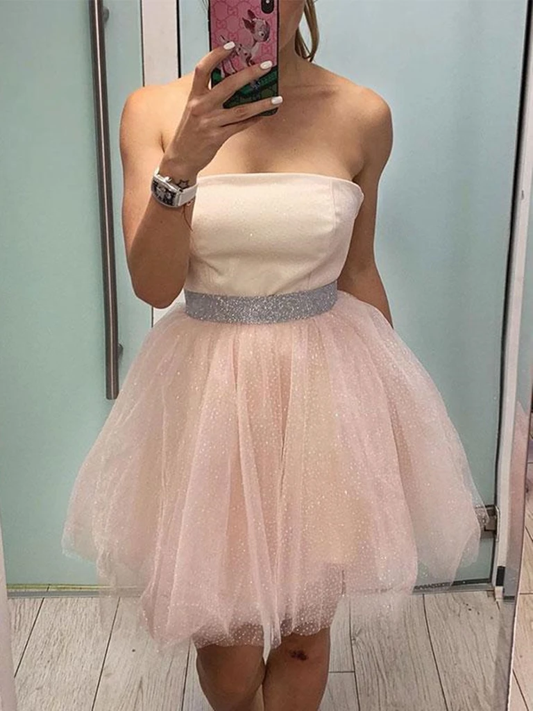 Princess Strapless  Pink Short Homecoming Prom Dresses with Belt, Pink Formal  Evening Graduation Dresses