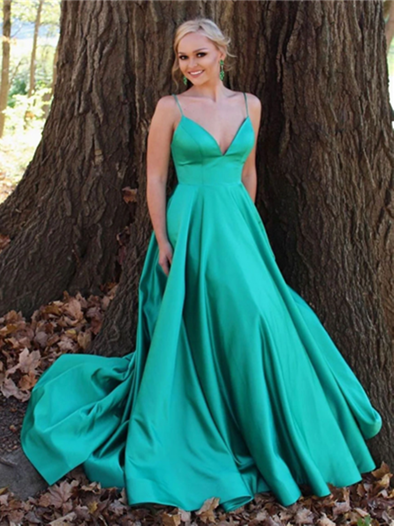 Simple V Neck Green Satin Long Prom Dresses, Simple V Neck Green Satin Long Formal Evening Dresses