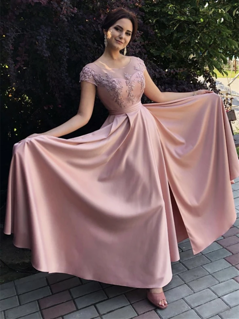 A Line Pink Lace Long Prom Dresses, A Line Pink Lace Long Formal Evening Dresses