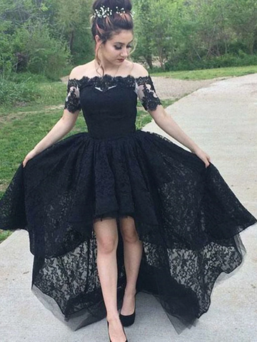 Short Sleeves Black Lace High Low Prom Dresses, Black High Low Lace Formal Graduation Dresses