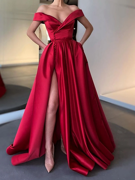 Off the Shoulder Burgundy Satin Long Prom Dresses, Off Shoulder Wine Red Long Formal Evening Dresses