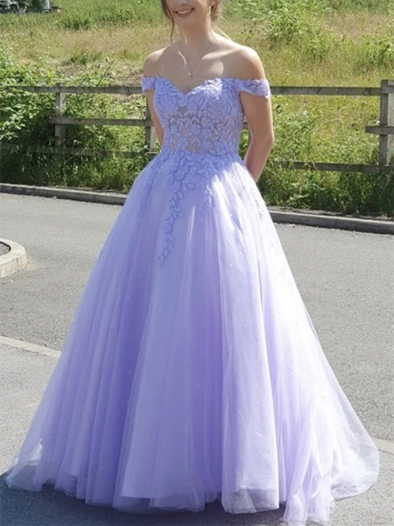 A Line Off shouder Purple Lace Long Prom Dresses, A Line Off shouder Purple Tulle Formal Evening Dresses