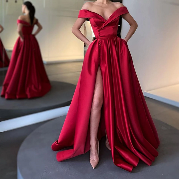 Off the Shoulder Burgundy Satin Long Prom Dresses, Off Shoulder Wine Red Long Formal Evening Dresses