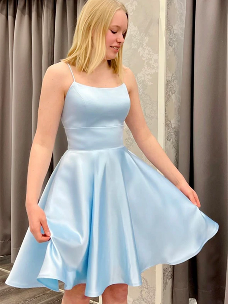 A Line Blue Satin Short Prom Dresses, Short Blue Satin Homecoming Dres morievent A Line Blue Satin Short Prom Dresses, Short Blue Satin Homecoming Dres morievent