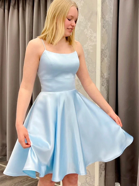 A Line Blue Satin Short Prom Dresses, Short Blue Satin Homecoming Dresses