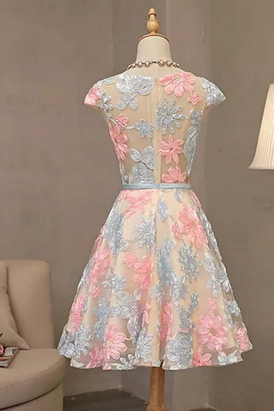 Round Neck Colorful Short Cap Sleeves Lace Prom Dresses, Short Colorful Lace Graduation Homecoming Dresses