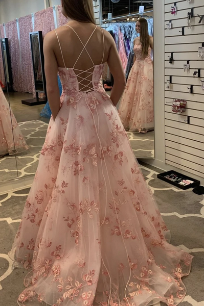 A Line Tulle Pink Lace Long Prom Dresses, A Line Tulle Pink Lace Long Formal Evening Dresses