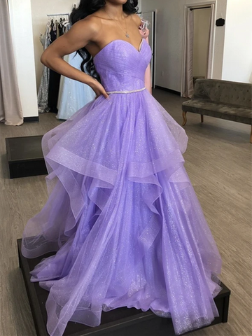 A Line Sweetheart Neck Purple Tulle Long Prom Dresses, Purple Tulle Long Formal Evening Dresses