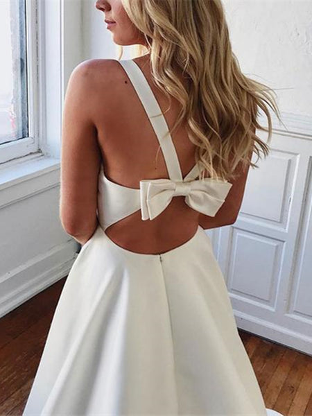 Simple v neck white satin long prom dresses, V neck white satin long formal evening dresses