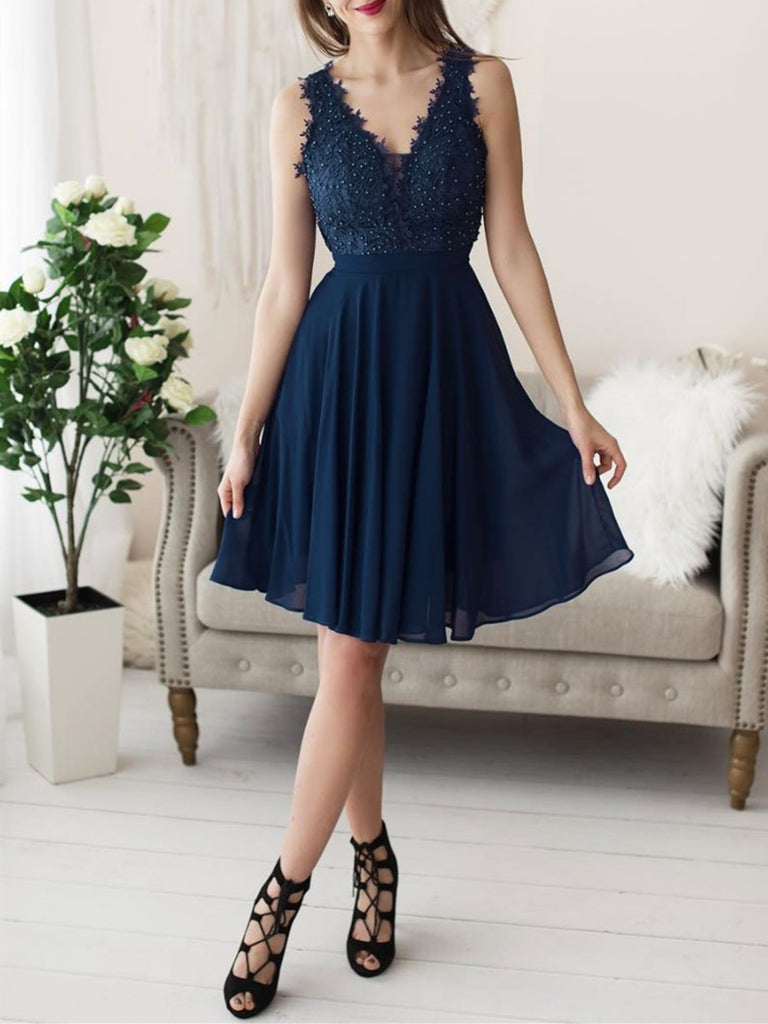 V neck dark blue chiffon lace short prom dress, Beaded lace short graduation homecoming dress