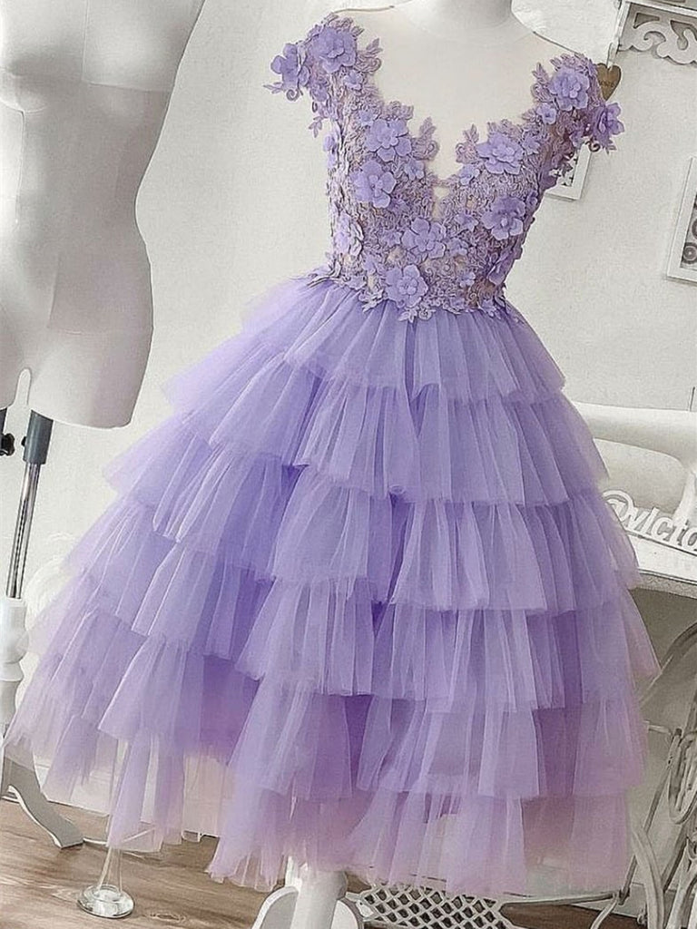 A Line Purple Tulle Lace  Applique Short Prom Dress, Purple Tulle Lace Short homecoming dress