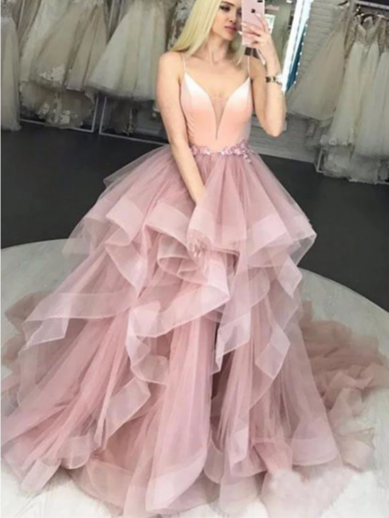 Pink V Neck Tulle Long Prom Dress, Pink V Neck Tulle Long Formal Evening Dress