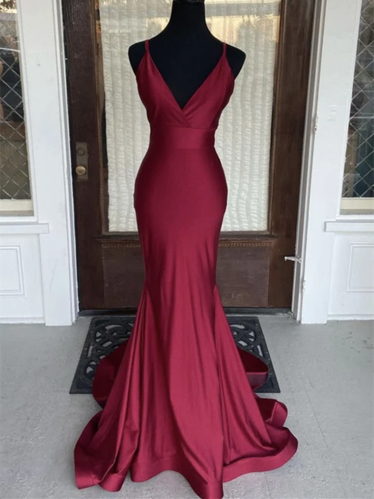 Simple Burgundy V Neck Satin Mermaid Long Prom Dresses, Mermaid Burgun morievent Simple Burgundy V Neck Satin Mermaid Long Prom Dresses, Mermaid Burgun morievent