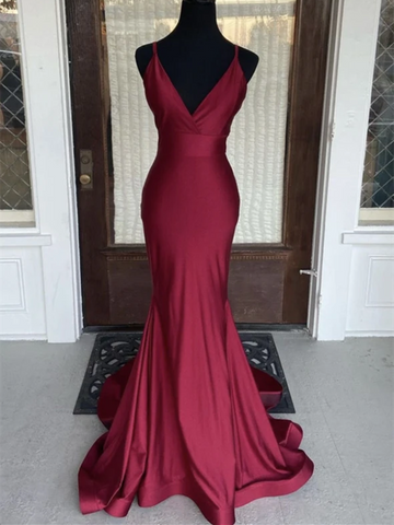 Simple Burgundy V Neck Satin Mermaid Long Prom Dresses,  Mermaid Burgundy Satin Long Formal Evening Dresses