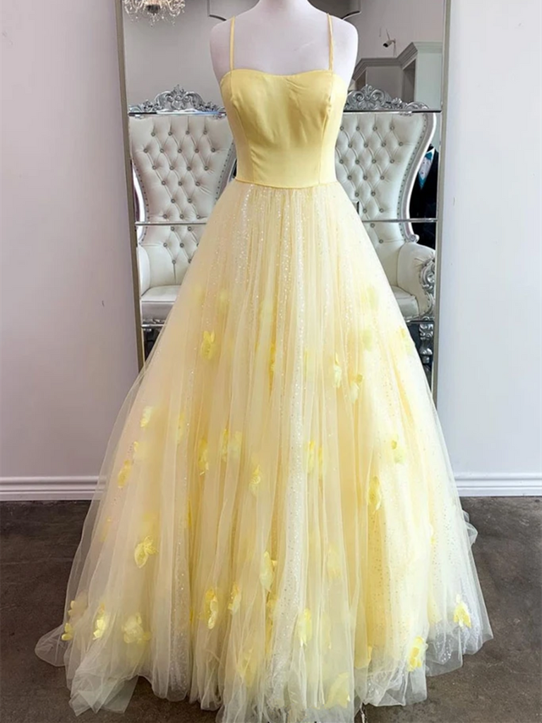 Yellow Tulle Sequins Long Prom Dresses with Thin Straps, Shiny Yellow Long Formal Evening Dresses