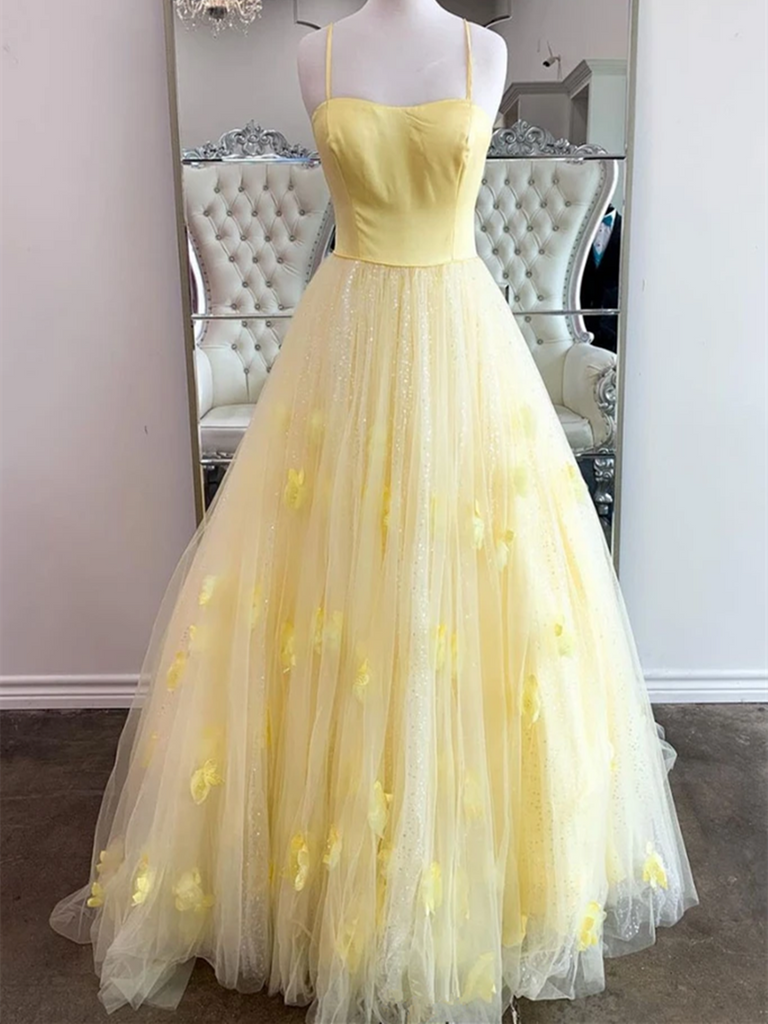 Yellow Tulle Sequins Long Prom Dresses with Thin Straps, Shiny Yellow morievent Yellow Tulle Sequins Long Prom Dresses with Thin Straps, Shiny Yellow morievent