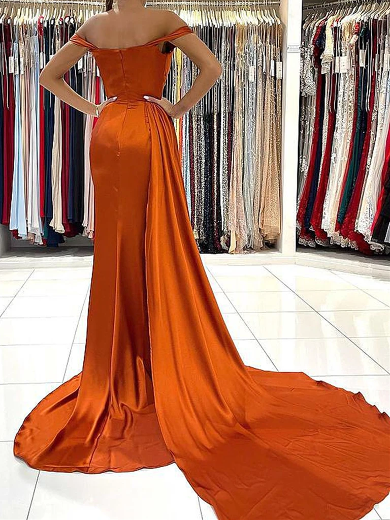 Off the Shoulder Orange Satin Prom Dresses, Orange Off Shoulder Satin morievent Off the Shoulder Orange Satin Prom Dresses, Orange Off Shoulder Satin morievent