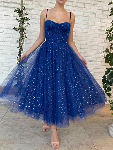 Sequins Sweetheart Neck Blue Tulle Tea Length Short Prom Dresses, Blue Tulle Short Formal Evening Dresses