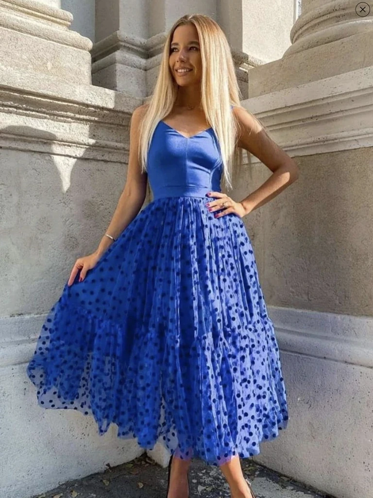 A Line V Neck Royal Blue Tea Length Prom Dresses, Royal Blue Tea Lengt morievent A Line V Neck Royal Blue Tea Length Prom Dresses, Royal Blue Tea Lengt morievent