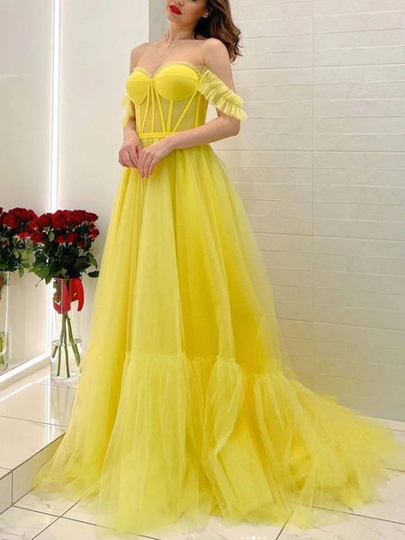 Off the Shoulder Yellow Tulle Prom Dresses, Yellow Tulle Off Shoulder Formal Graduation Dresses