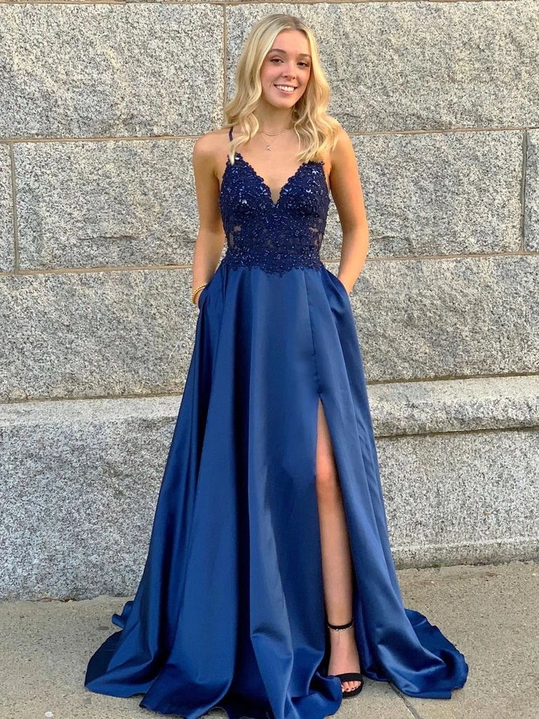 A Line V Neck Blue Lace Beaded Long Prom Dresses, Blue Lace Formal Eve morievent A Line V Neck Blue Lace Beaded Long Prom Dresses, Blue Lace Formal Eve morievent