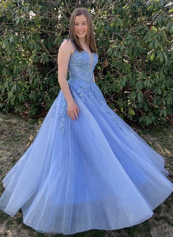 V Neck Long Blue Lace Prom Dresses, Blue Lace Formal Graduation Evening Dresses