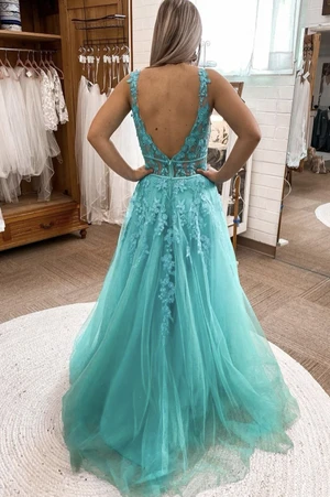 V Neck Blue Lace Tulle Long Backless Prom Dresses, Open Back Lace Blue Tulle Formal Evening Dresses